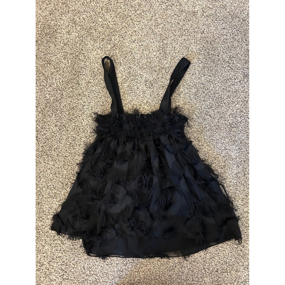 Waverly Grey Black Fringe Textured Sleeveless Tank Top Smocked Liberant Small